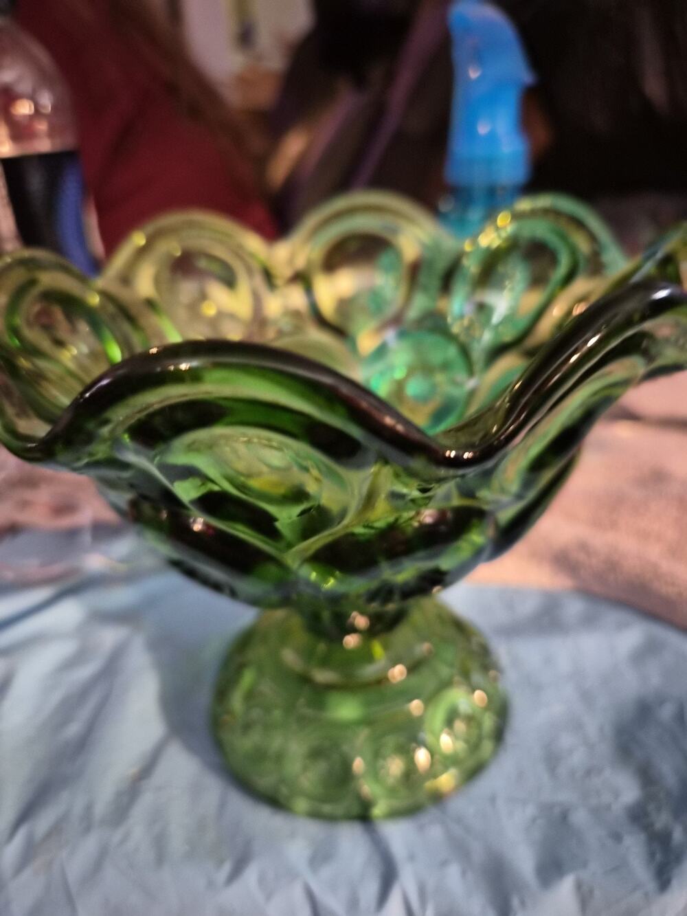 Vintage LE Smith Moon and Stars Green Glass Pedestal Compote Bowl